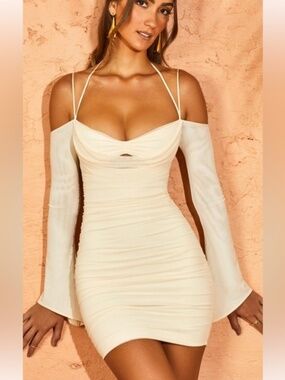 OH POLLY Odyssy Fluted Sleeve Mini Dress in Ivory
